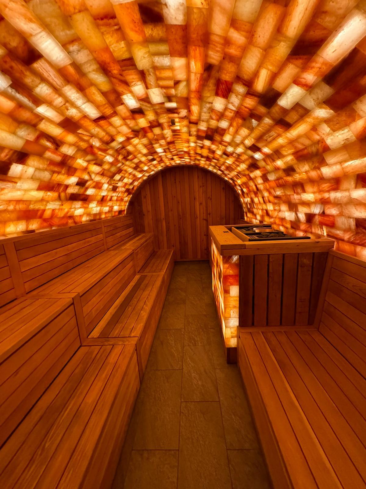 Custom-built Himalayan salt sauna interior